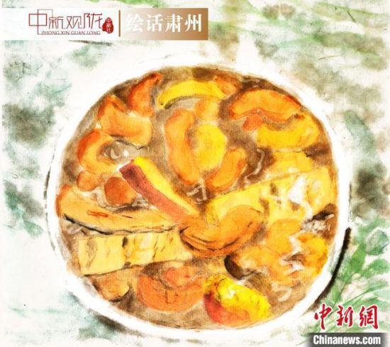 圖為酒泉美食“糊鍋”繪畫(huà)作品?！《排d彥 攝